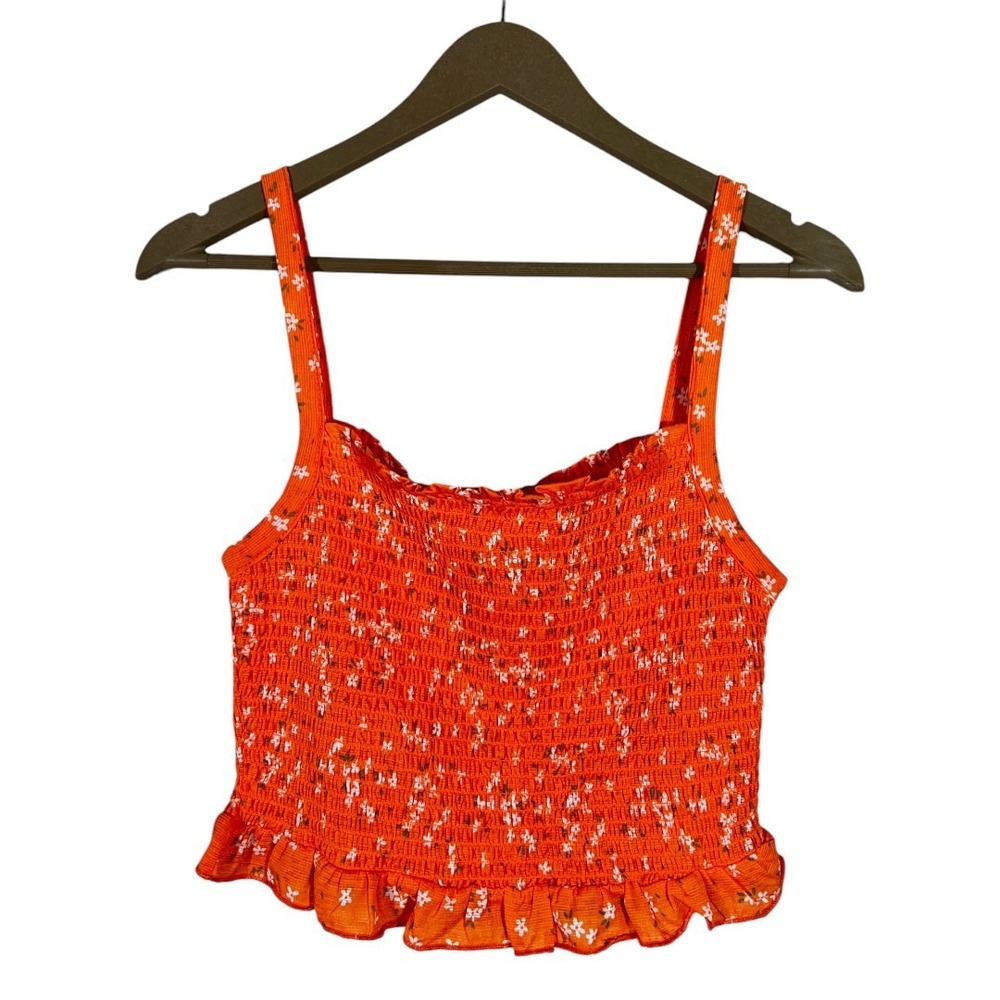 NWT Noisy May Smocked Ditsy Floral Crop Top Orange Boho Ruffle Hem Size S